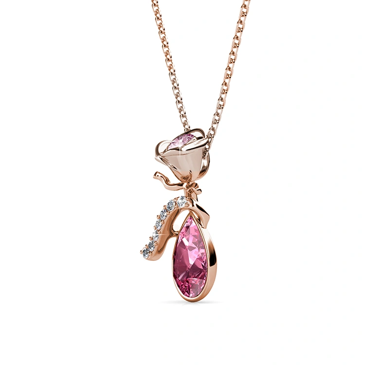 High Quality Pink Rose Flower Dew Pendant Necklace Jewelry for Women