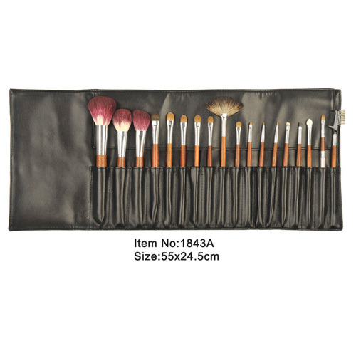 18pcs wood handle aluminium ferrule animal hair makeup brush set with PU pouch