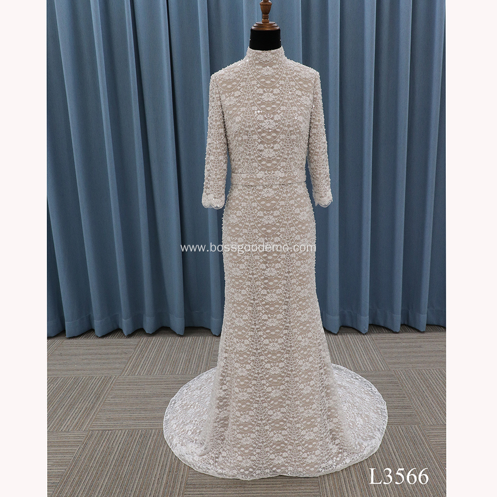 High Neck Long Sleeve Backless Full Lace Flower Denmark Wedding Dress Bridal Gown