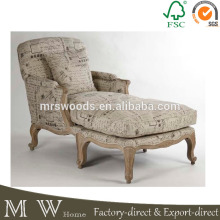 french script linen upholstered chaise lounge, oak frame chaise lounge, french oak chaise lounge