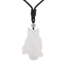 Clear Crystal Handmade Craved Owl Pendant Necklace Adjustable Rope