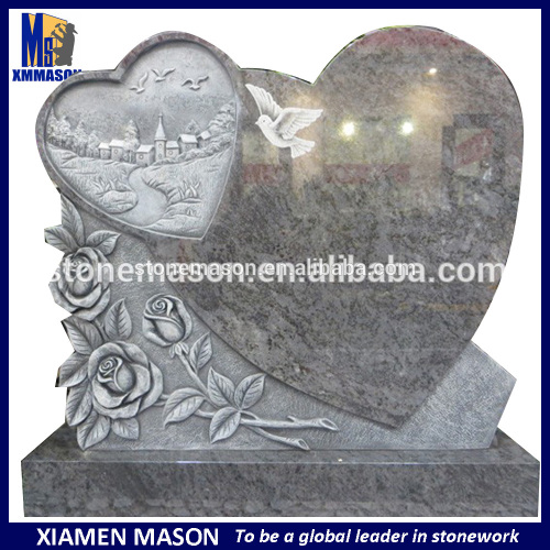 Mason blue granite double heart headstone with carved bird for sales
