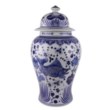 Blue and White Fish Temple Jar - Oriental Style Ceramic Ginger Jar