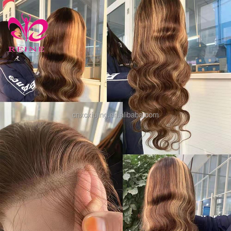 REINE Design Honey Blonde Highlight Wigs,Color 4/27 Highlight Lace Frontal Human Hair Full Lace Frontal Wigs,Brown Highlight Wig