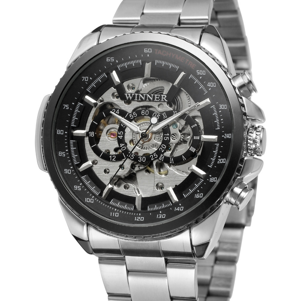 Winner 428 promotional Skeleton Watch Men Full Stainless Steel Auto Mechanical custom LOGO Watch Self-Wind Male Dress Clock