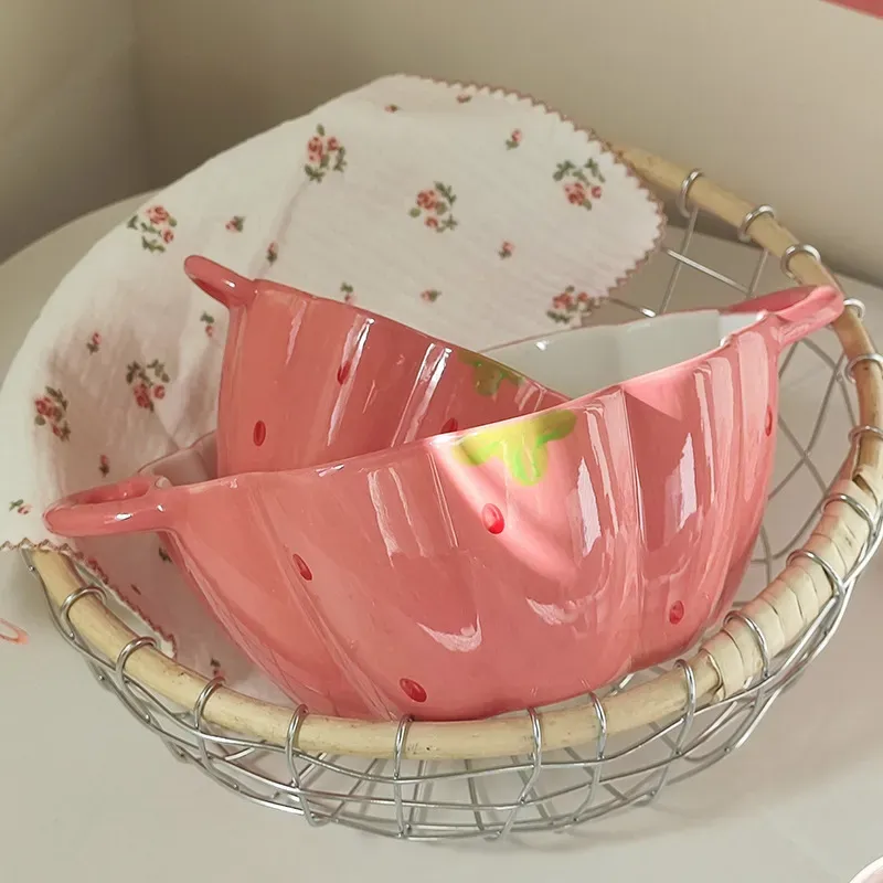 Cute Ceramic Double Ears Strawberry Petal Bowl