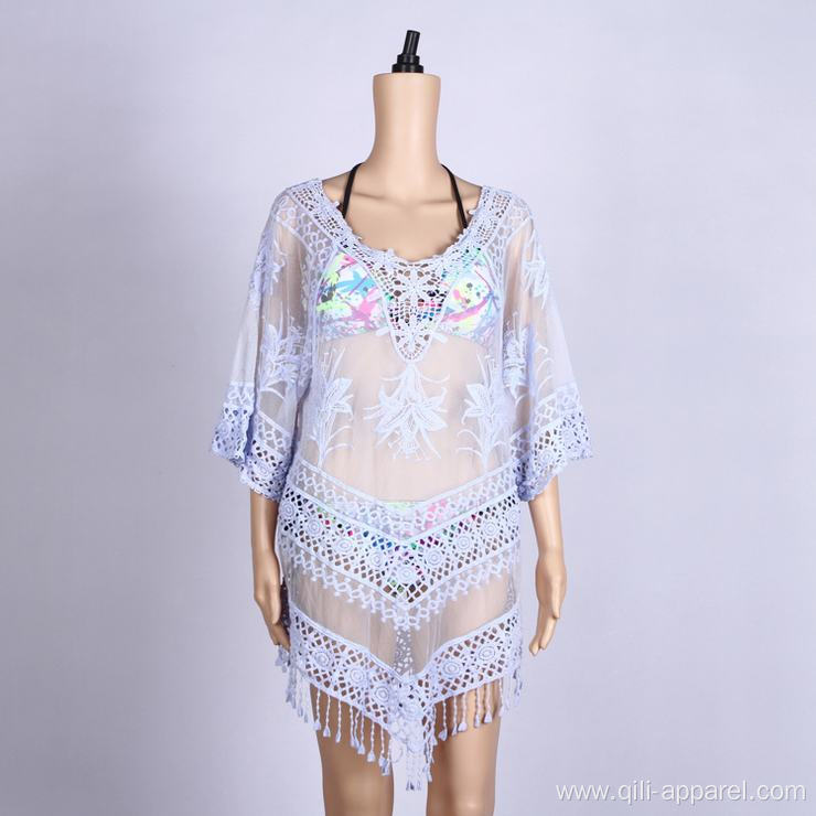Light Blue Tassels Embroidered Dress Summer Beach Dress