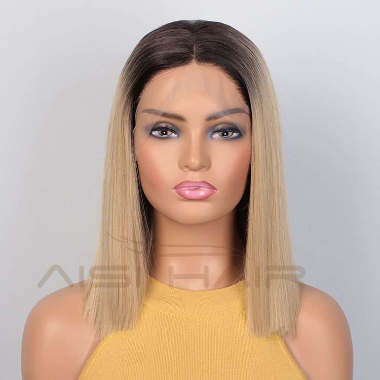 Aisi Hair Wholesale Short Ombre Blonde Dark Root Bob Wig Swiss Lace Wig Cheap Synthetic Lace Front Wigs For Black White Women