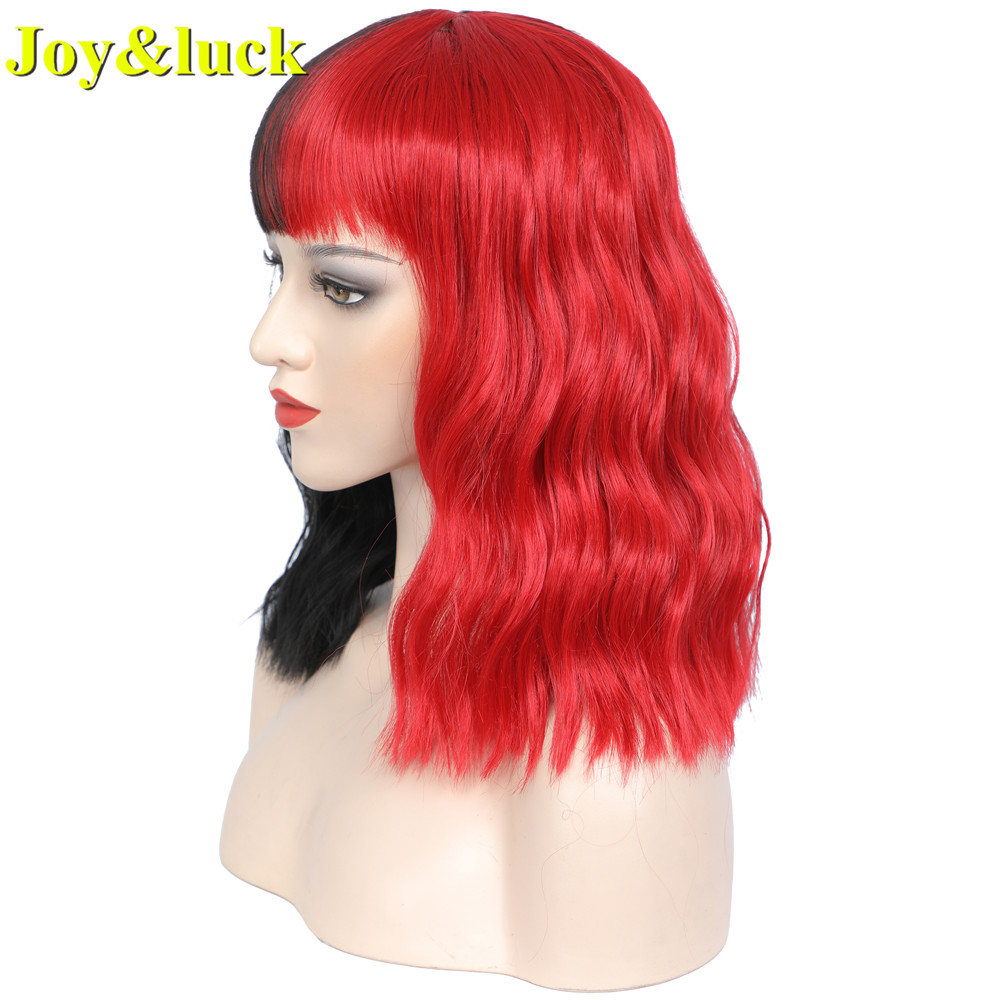 Women's Wholesale Prices Half Red Half Black Party Ladies Cosplay Wigs With Bangs Short Natural Water Wave Synthetic Hair Wigs