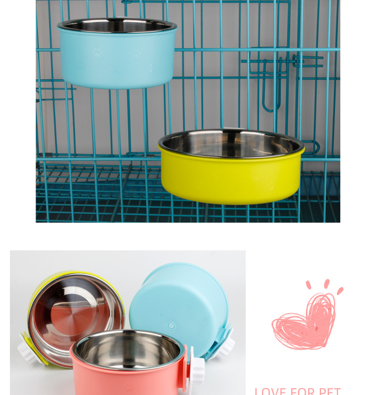 Pet bowl feeder stainless steel cage hanging fixed dog basin