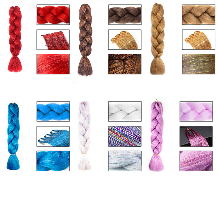 Jumbo Braiding Hair With Hair Tinsel Bling Synthetic Braid Hair Extension Mix Shining Tinsle 24 Inch Solid Color Black Blonde