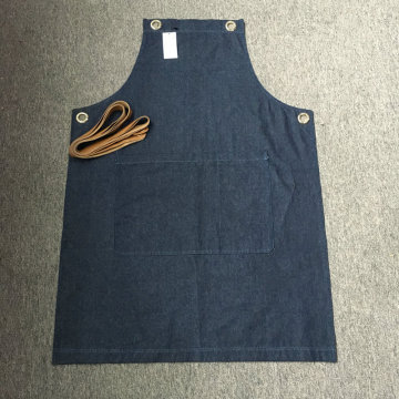 Fashion denim bib apron for barista and work removable leather strap