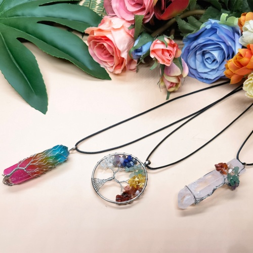 3 pair pendant necklaces tree of life copper wire wound natural quartz aura Healing Crystal Point chakra Jewelry Gift