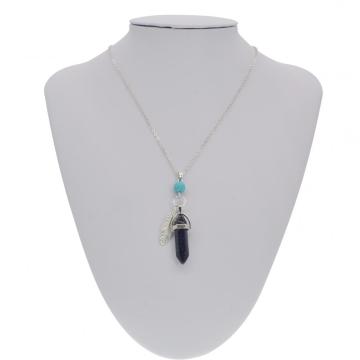 Blue Sandstone Feather Hexagonal Prism Pendant Necklace