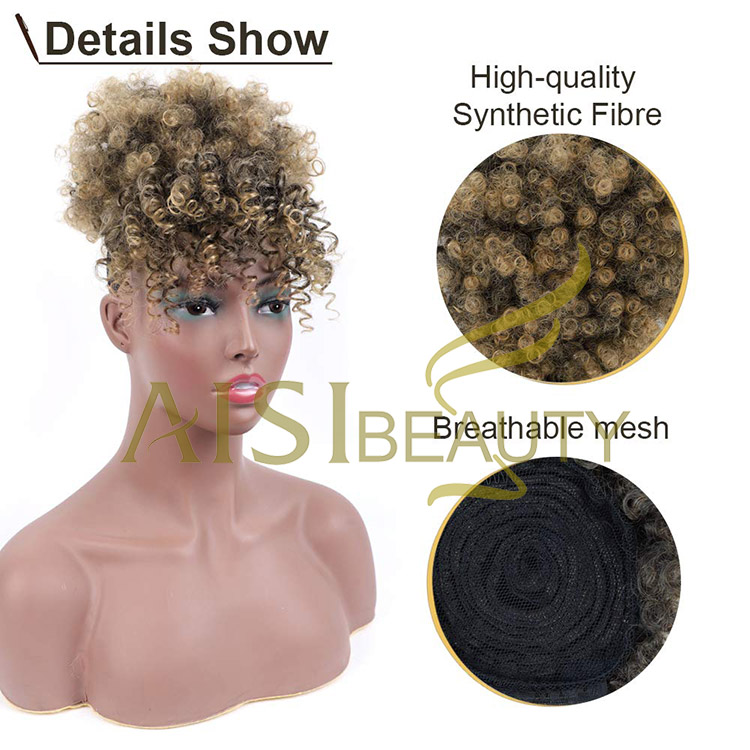 Aisi Beauty New Design Wholesale Mixed Brown Blonde Fluffy Puff Hairpiece Extension With Bangs Curly Afro Kinky Afro Hair Bun