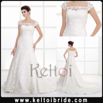 A Line Scoop Neck Court Train Lace Bridal Gown