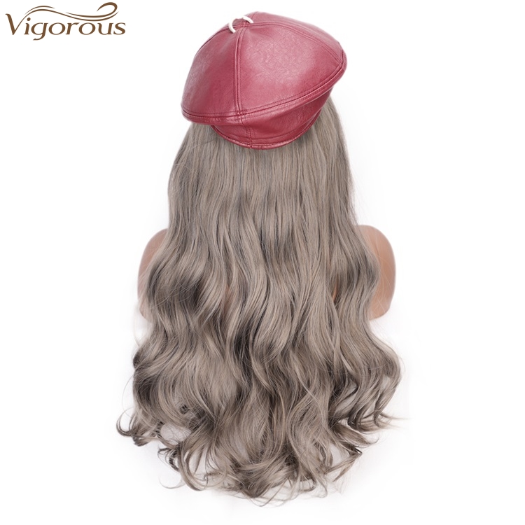 Vigorous Gray Wig With Red hat for Women Synthetic Hair Extensions Wavy Heat Resistant Fiber Hair Extension Wigs