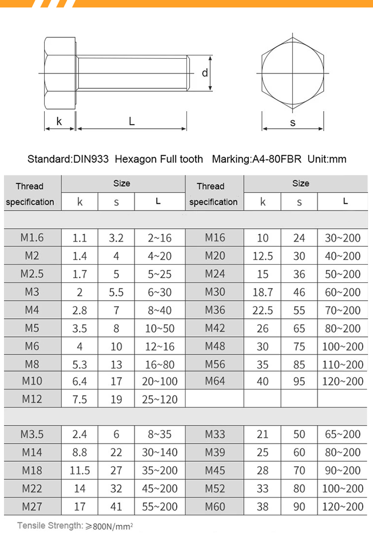 galvanized steel hex bolt DIN933 bolts and nuts M4 M6 M8 boulon roscas 8.8 M12 M16 M18 parafuso sextavado M20 M24 for door roof