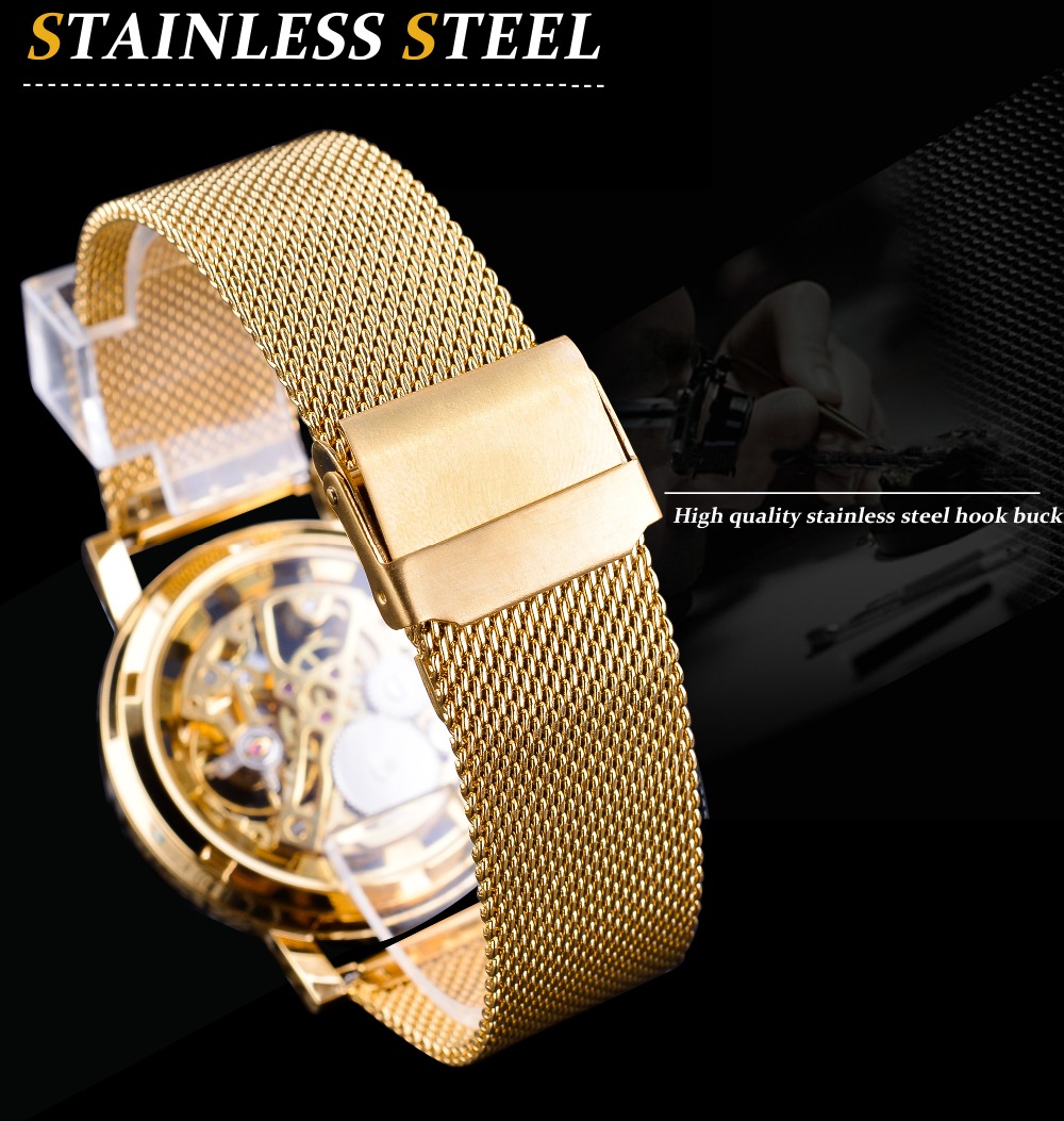 Top Brand Winner Thin Case Full Golden Watch Openwork Clock Mesh Band Men's Mechanical Watches Luminous Hands Relogio Masculino