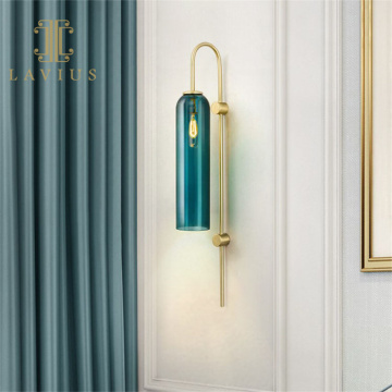 Light Blue Glass Lampshade Modern Beside Wall Lamp