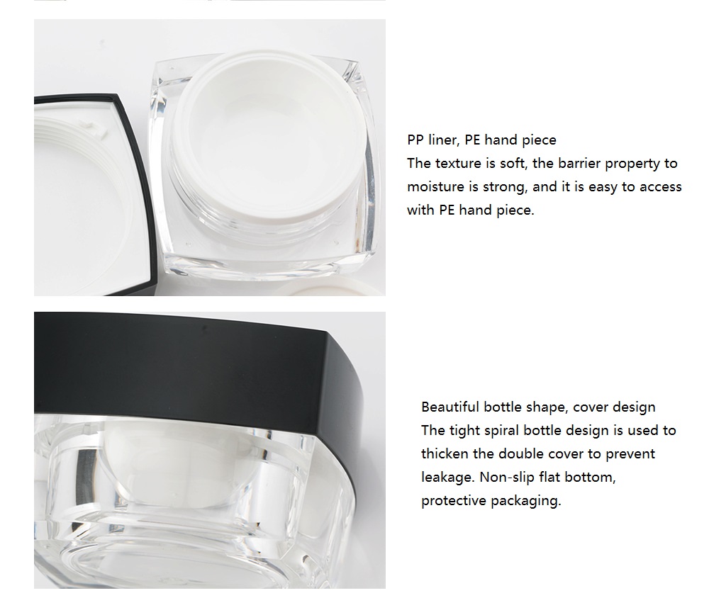 Square acrylic cosmetic jars and bottles 