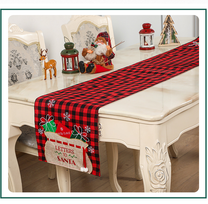 Christmas Table Runner Christmas Applique Embroidered Plaid Tablecloth Home Table Decoration Christmas Decorations