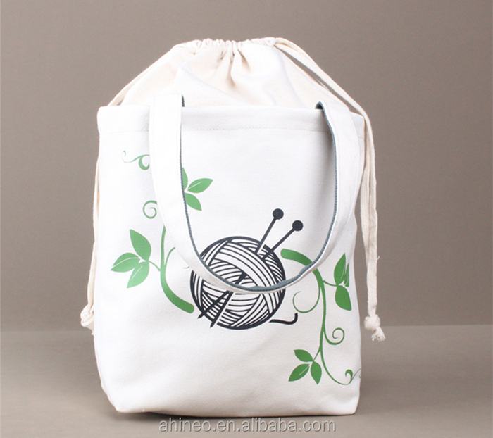 Custom High Quality Eco Friendly Drawstring Bag Closure Cotton Canvas Light Knitting Tote Yarn Organizer Storage Bags