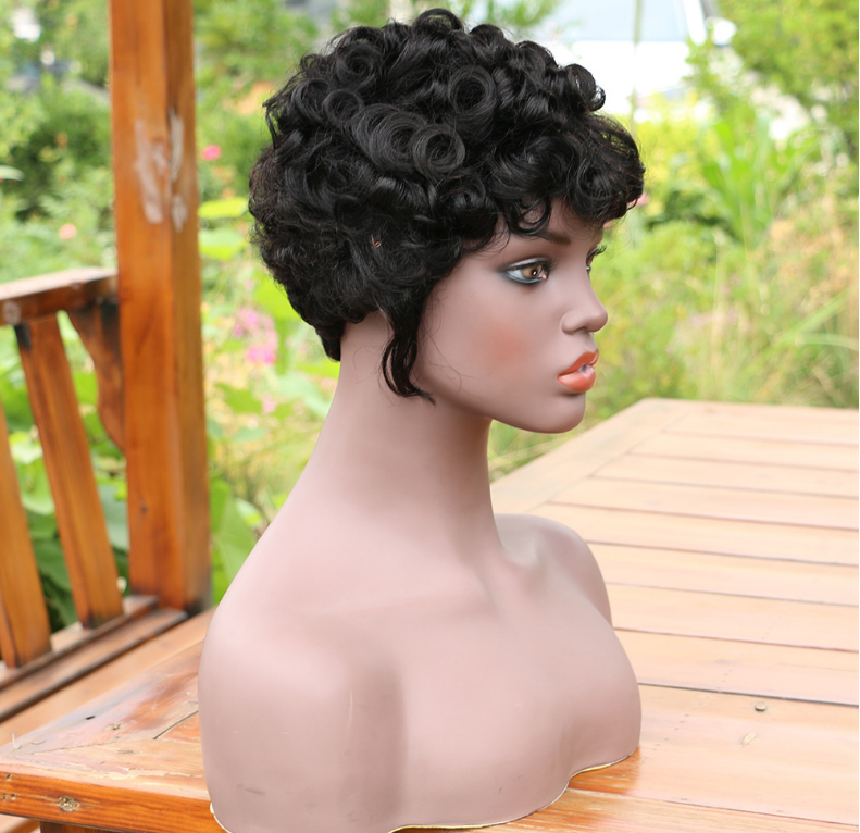 Cheap Short Curly Human Hair Wigs For Females, Non Lace Natural Black Color 100% Curly Brazilian Hair Wigs