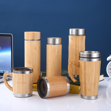 Creative Bamboo Cups with Wood Grain and Stainless Steel Vacuum Flasks