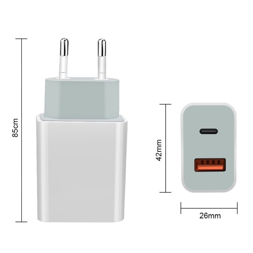 Caricabatterie da parete USB da 18W 2 port QC3.0 + Type-C
