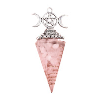 Rose Quartz Chip Stone Resin Silver Moon Hexagonal Cone Pendant & Pendulum