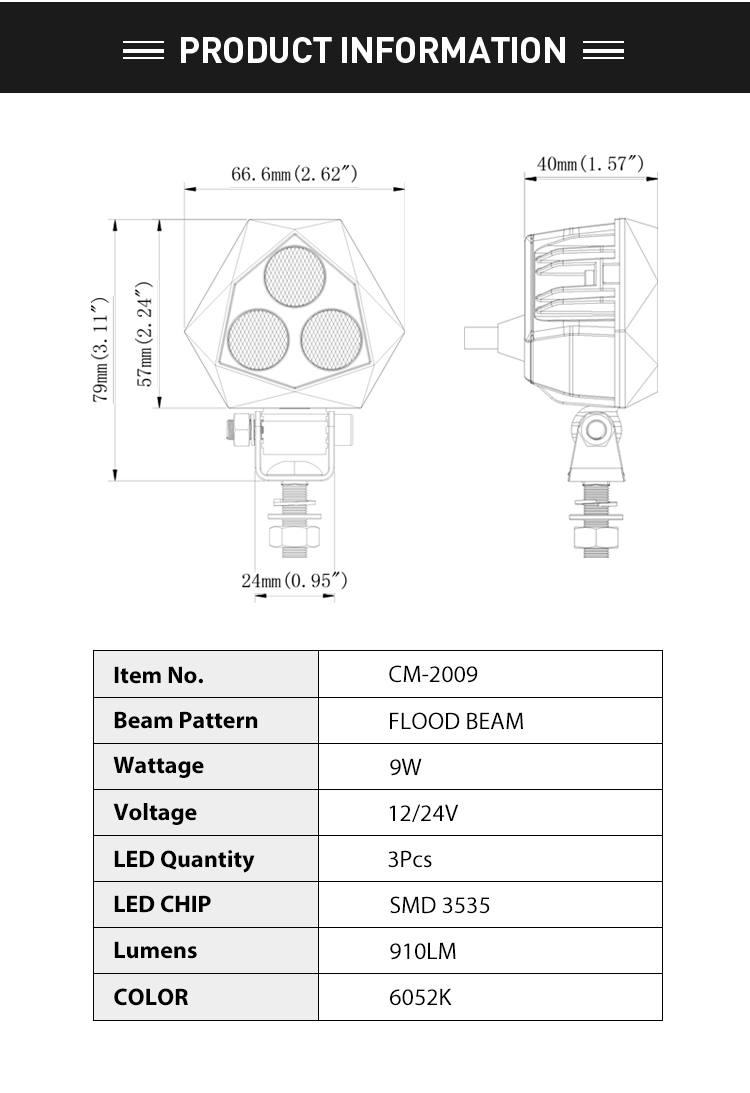 Chiming Nowy 2.6 "9W LED Mini Trójkąt Diamentowy Design OSRAM Chip Work Light Jasny Motocykl Offroad Work Light
