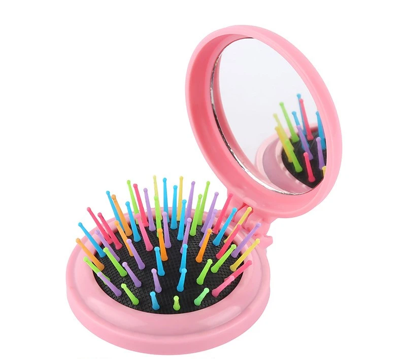 Portable Travel Folding Round Pop-up Hair Brush with Mirror