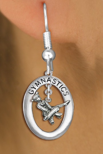 Lead, Cadmium, & Nickle Free "Gymnastics" Open Oval Gymnast Posed On A Pommel Horse Charm Earring