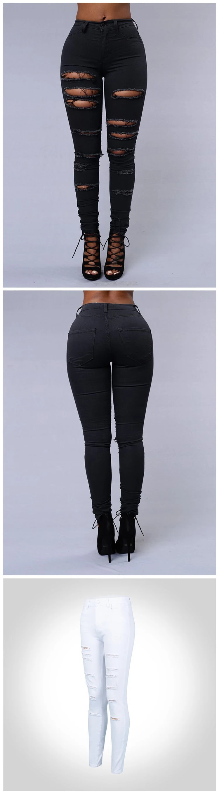 Wholesale Custom Cheap Best High Waisted Jeans Black/White Women Slim Fit Ripped Denim Jeans for Women