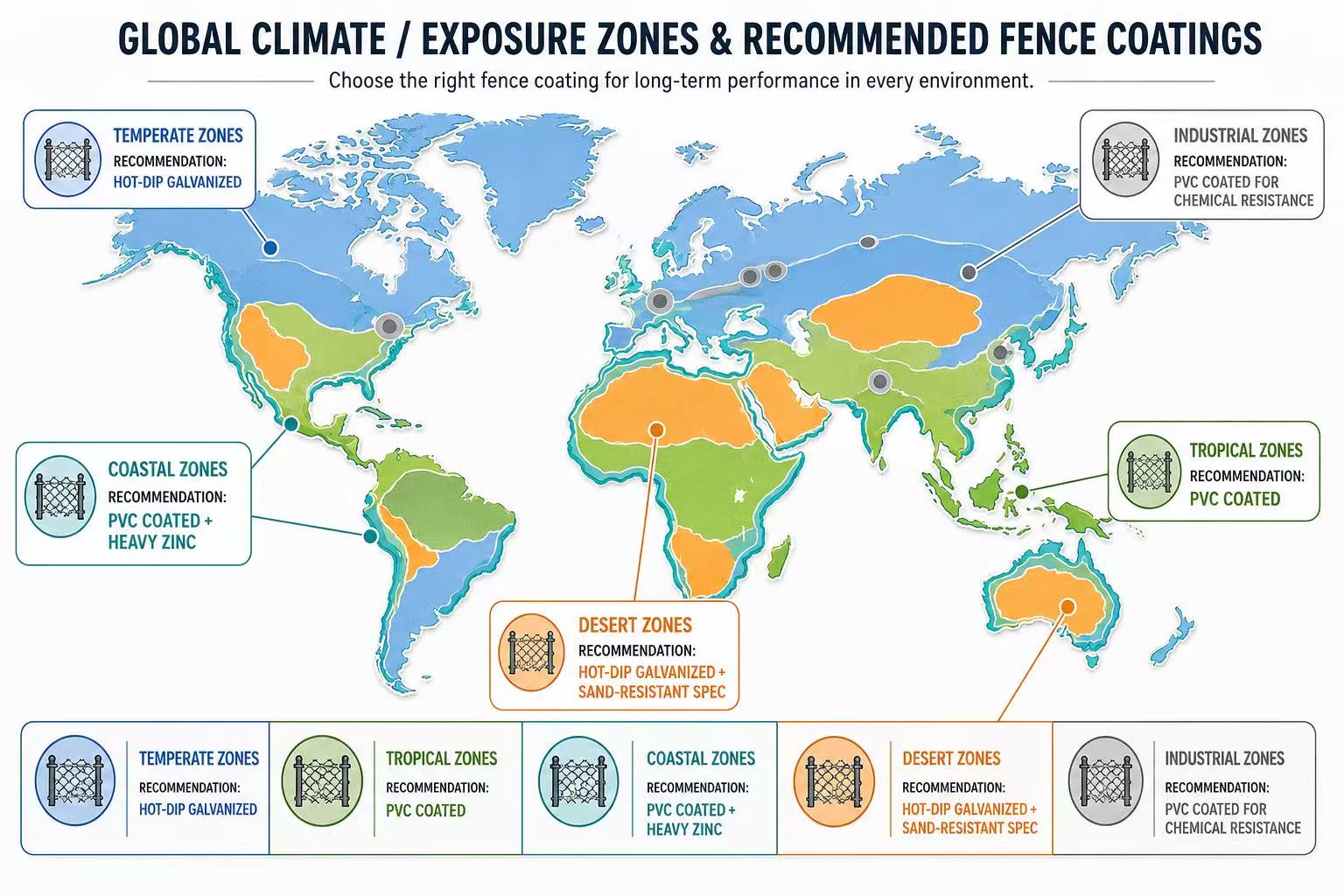 Mappa di selezione del clima del rivestimento della recinzione a catena World map showing five climate zones with recommended chain link fence coating type for each zone