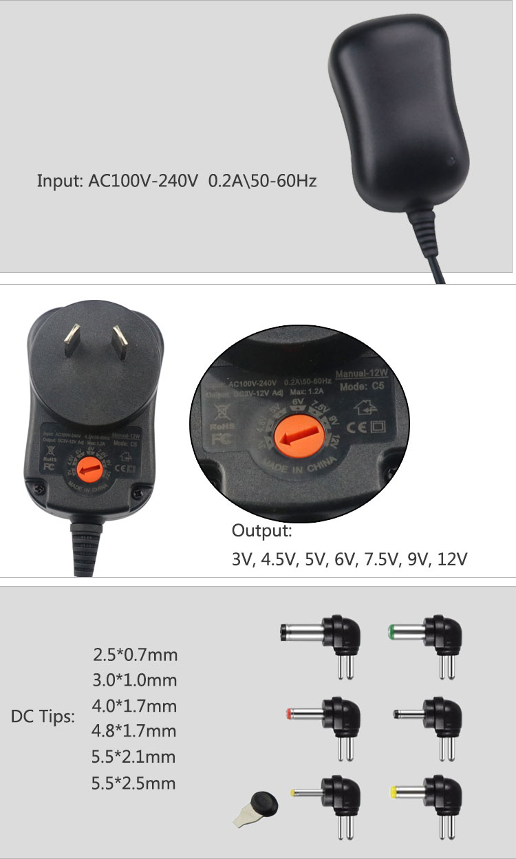 12V 12W 30W Universal Adapter AC to DC with 6 DC plugs Adjustable Voltage Power Supply