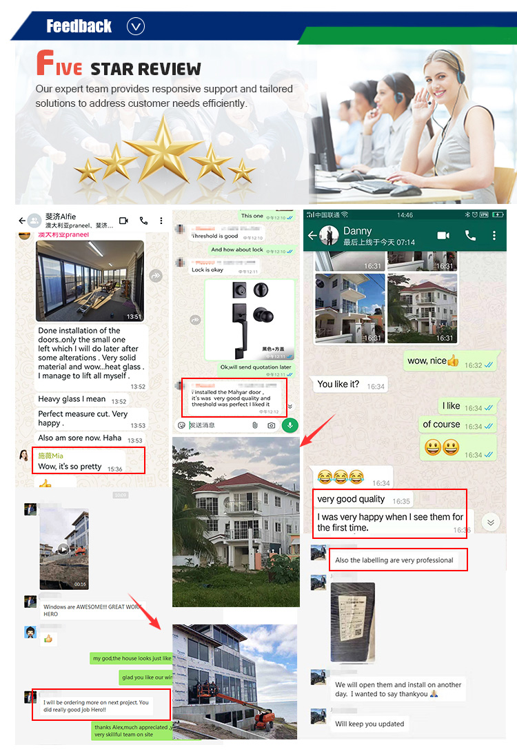 JBD HOME five-star customer feedback — real WhatsApp & chat reviews from global buyers praising aluminum door quality, professional installation, responsive support, and repeat orders across USA, Australia, Jamaica and more.
