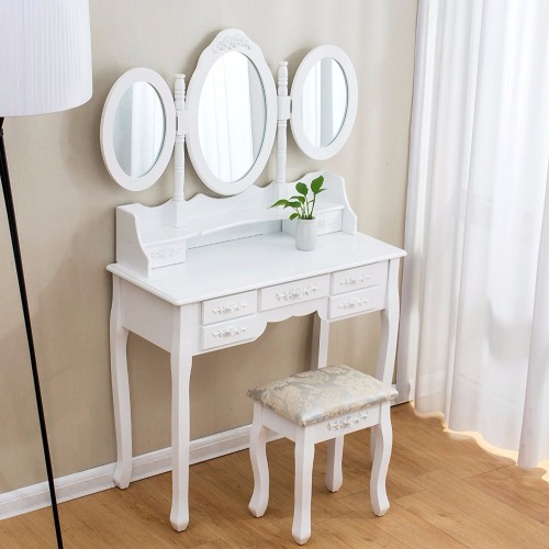 White 7-Drawer Vanity Table Set With 3 Mirrors