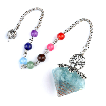 Perdiot Chip Stone Resin Silver Diamonds Pendant & Pendulum 7 Chakra Chain