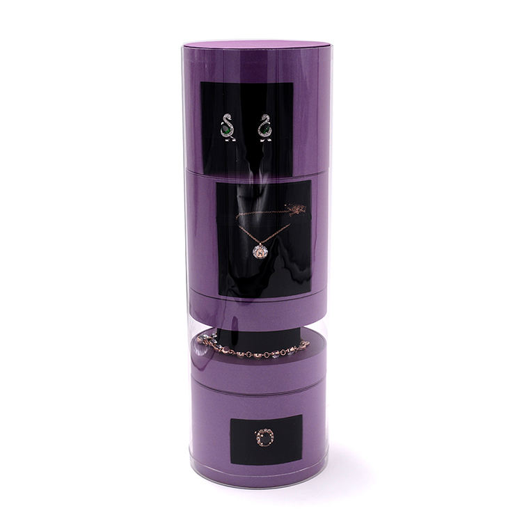 Customized luxury high-end design purple cylinder jewelry display rack stand with four-part for Earrings ring bracelet Necklace