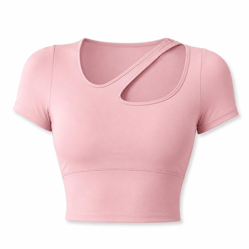 Женская розовая короткая футболка с асимметричным вырезом Women Pink Asymmetric Neck Short T-Shirt