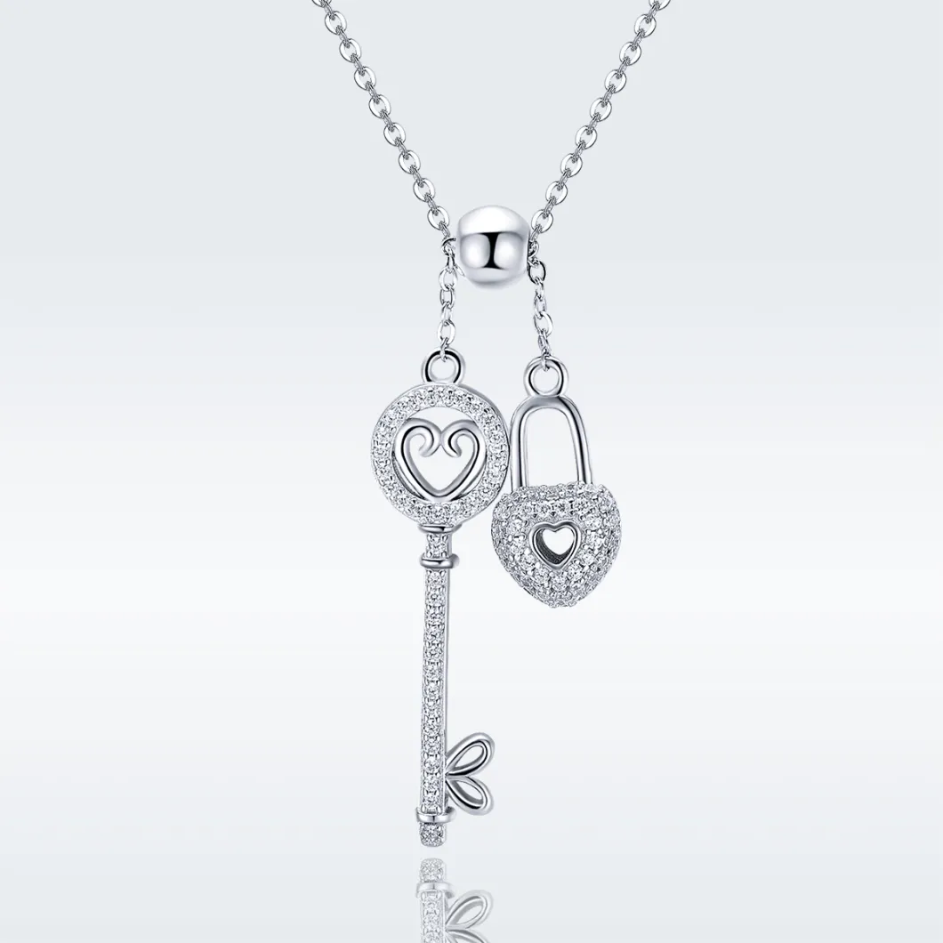 Romantic Silver Jewelry CZ Key & Locker Sterling Silver Pendant Necklace