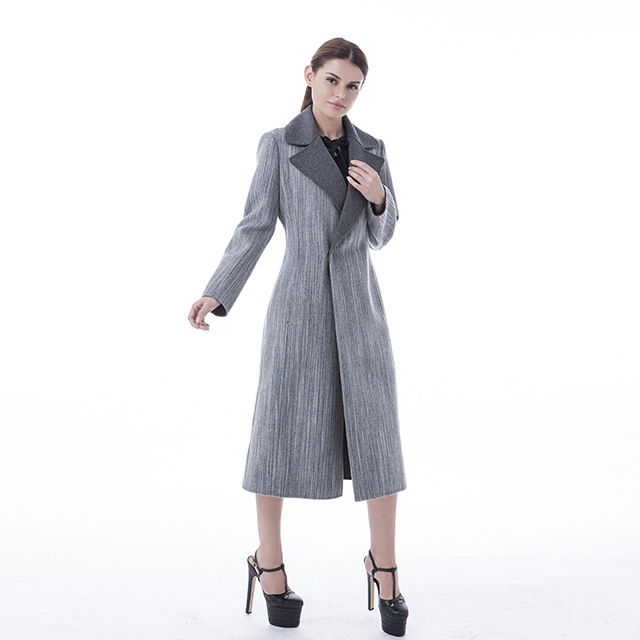 Grey long wool collar cashmere coat