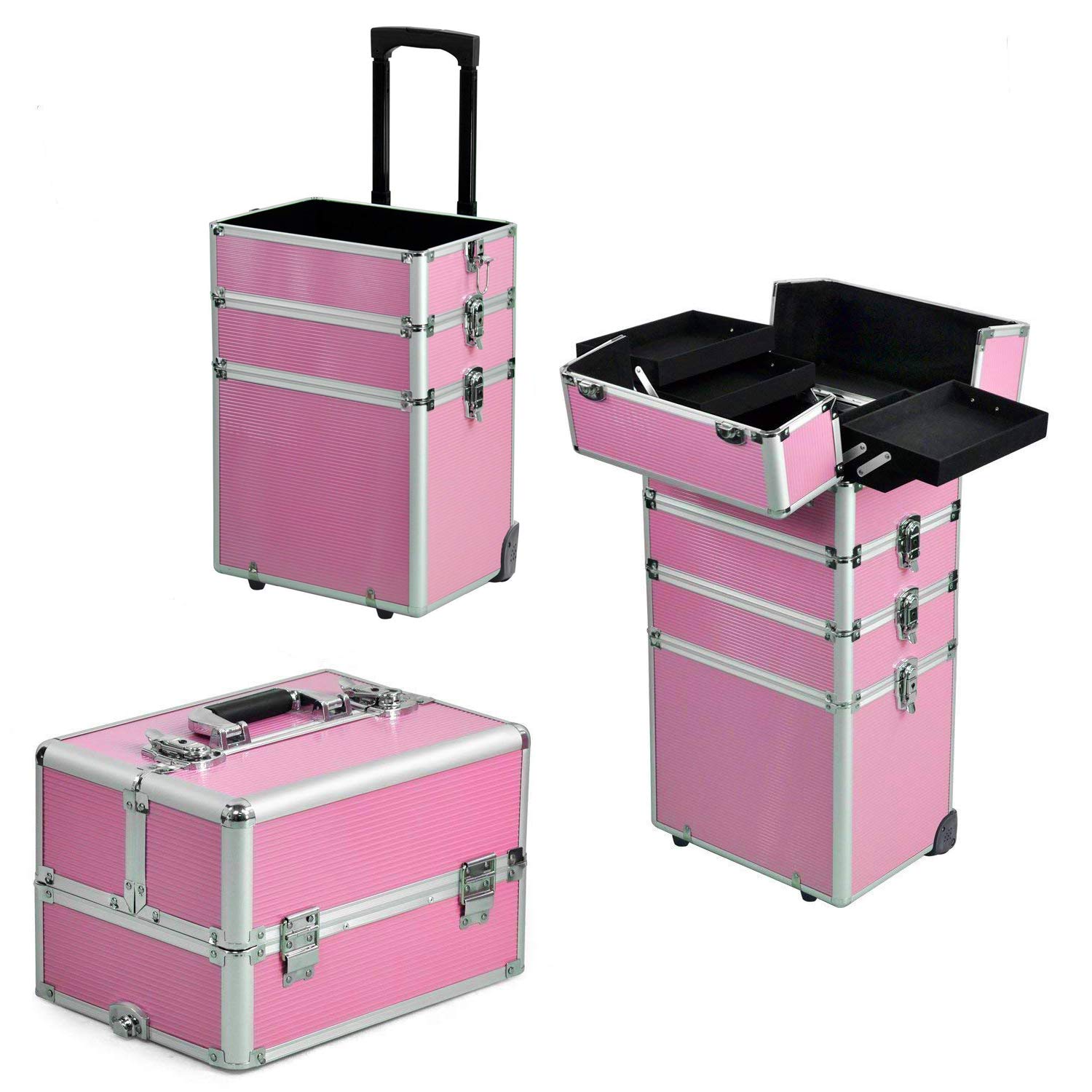 4 in 1 Aluminum Rolling Cosmetic Makeup Train Case Trolley, 4 Removable Wheels