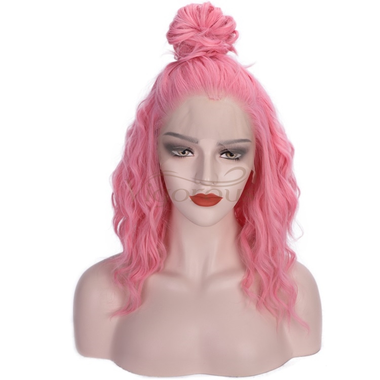Vigorous Short Bob Wavy Lace Front Wigs for White Women Curly Wavy Pink Wig Heat Resistant Synthetic Free Part Cosplay Wig