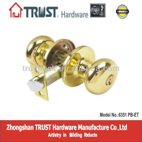 6351PB-ET:Trust ANSI Grade 3 Tubular Brass Knob lock with brass cylinder