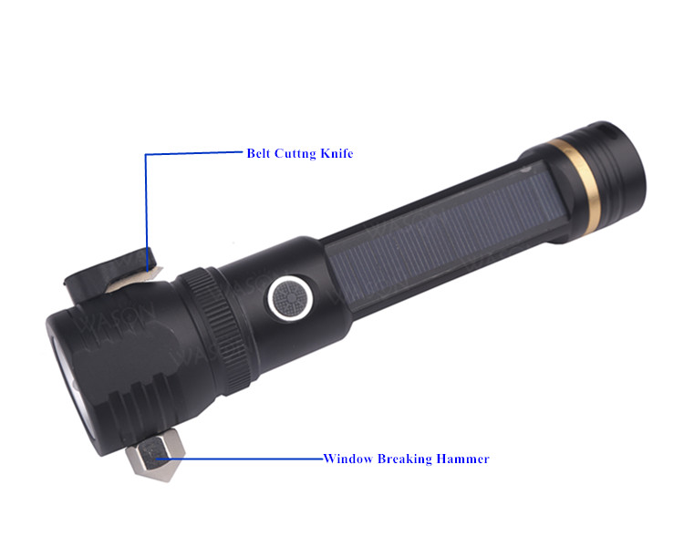Factory OEM/ODM Multifunction Outdoor Survival Rescue Emergency Solar Rechargeable Flashlight With Knife Hammer And Compass