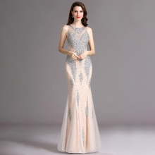 Pearl Pink Beaded Mermaid Sleeveless Tansparent Back Prom Pleated Tail Dress