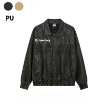 Men's Premium Turtleneck PU Leather Jacket - Vintage Style with Embroidered Logo